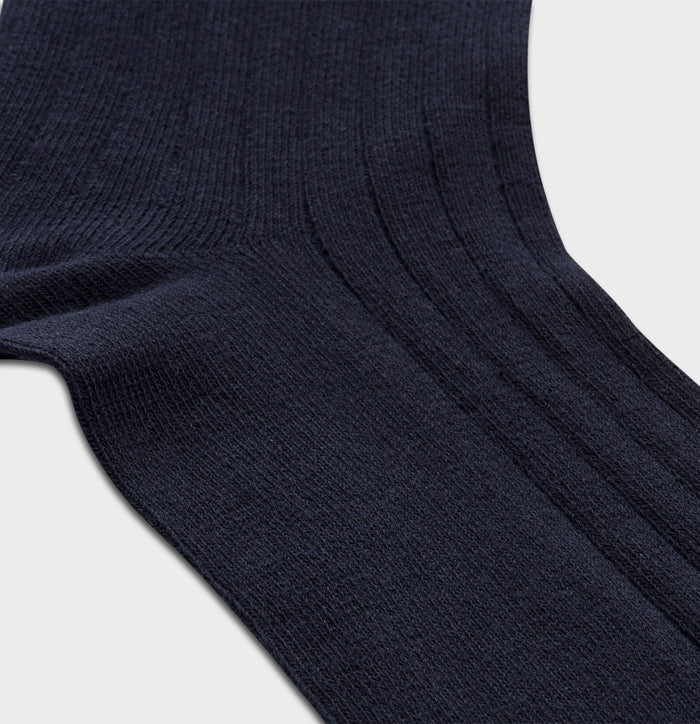 Close-up of navy ribbed dress sock knit texture and heel