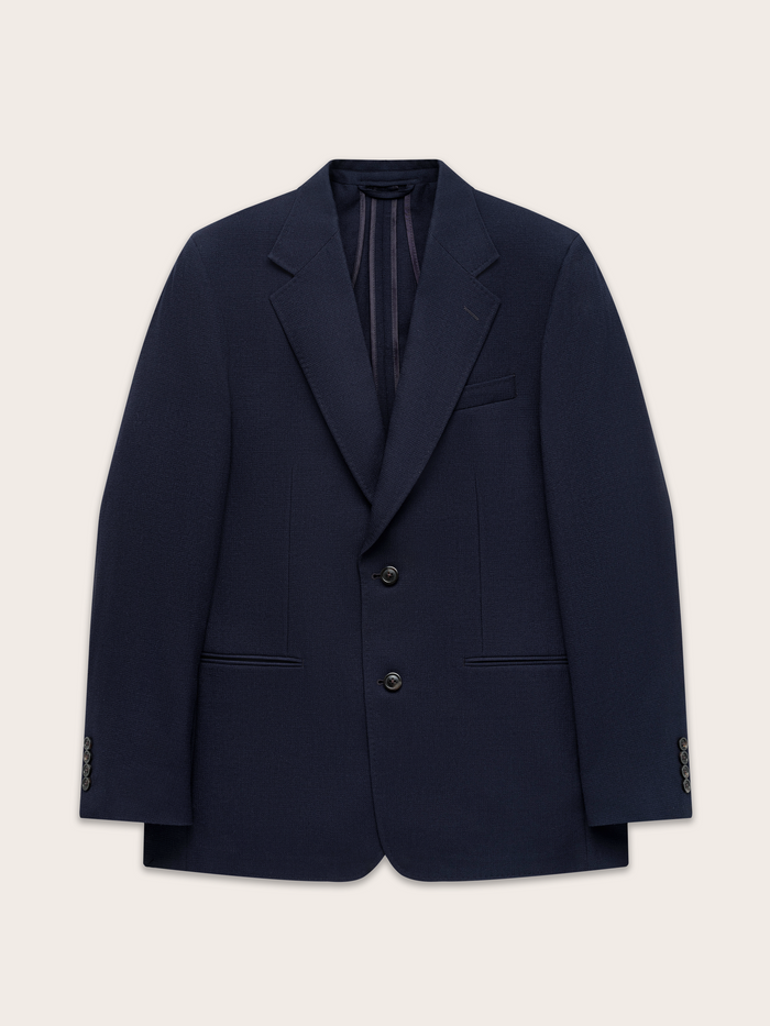 Navy textured sportcoat, flat lay, front view with notch lapels