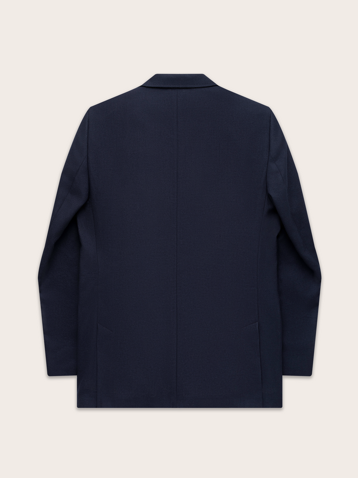 Navy textured sportcoat, flat lay, back view