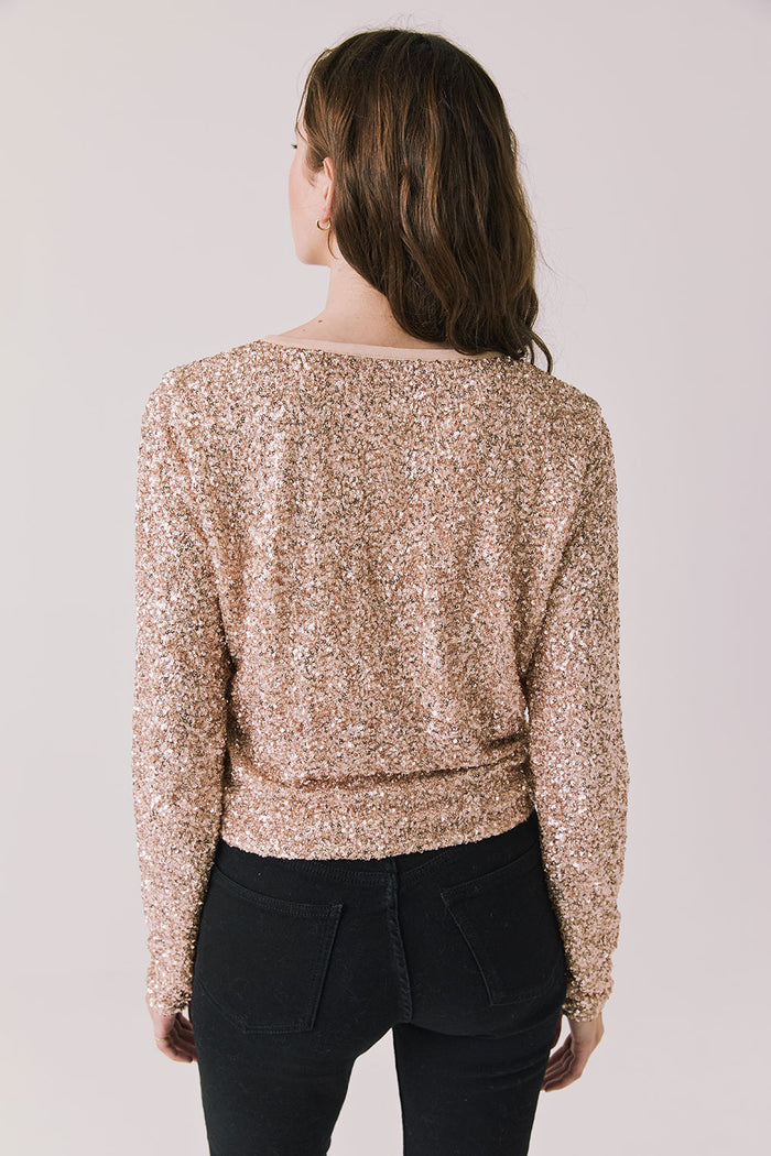 Back view of woman wearing Chaser’s Sparrow Bronze Brown Long Sleeve on a white background