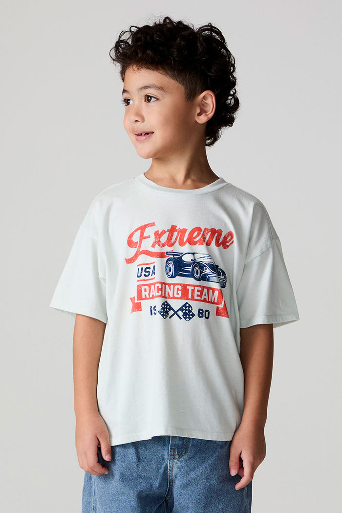 Front view of a boy wearing the Chaser Speedway Tee on a neutral background