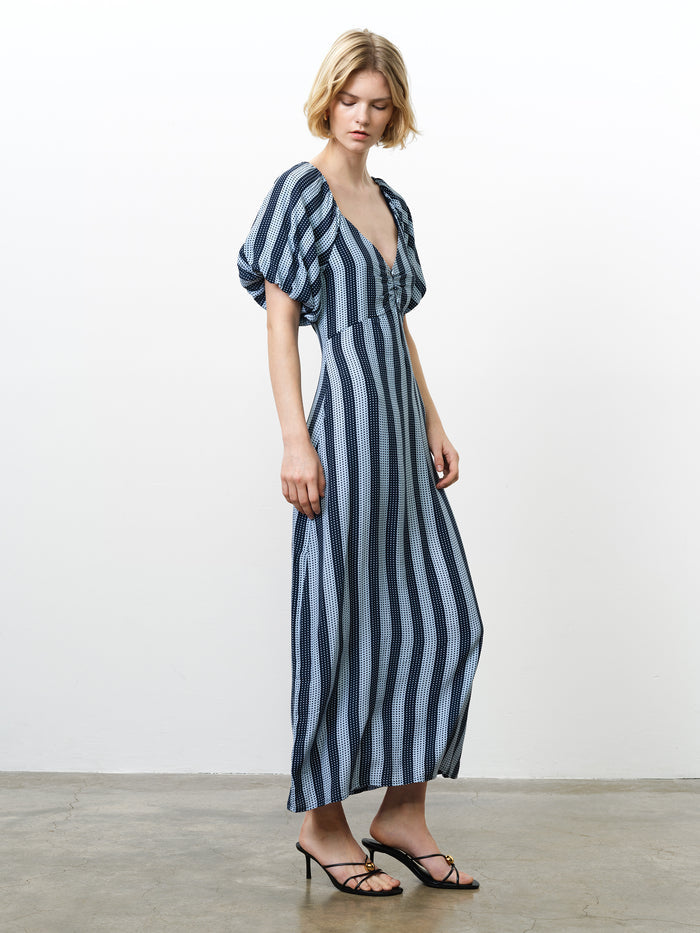 Spot Eco Puff Sleeve Blue Striped Midi Dress