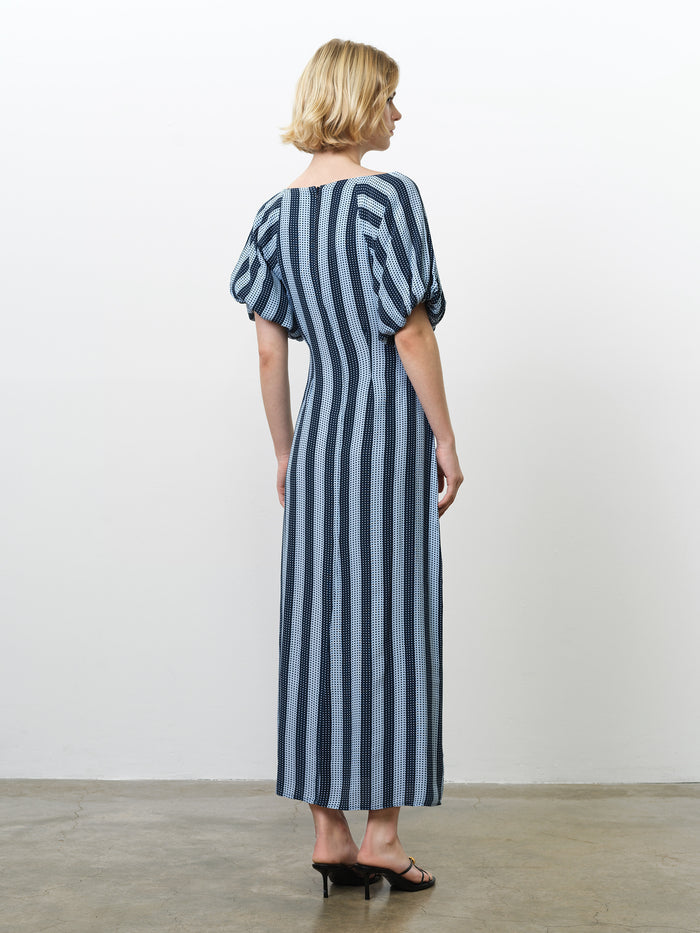Spot Eco Puff Sleeve Blue Striped Midi Dress