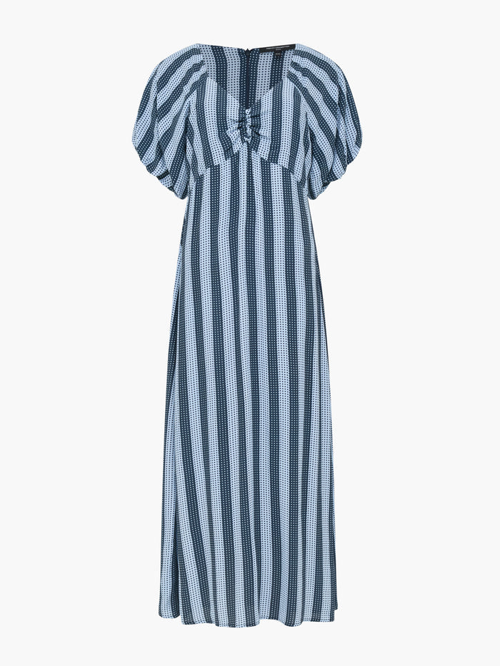 Spot Eco Puff Sleeve Blue Striped Midi Dress