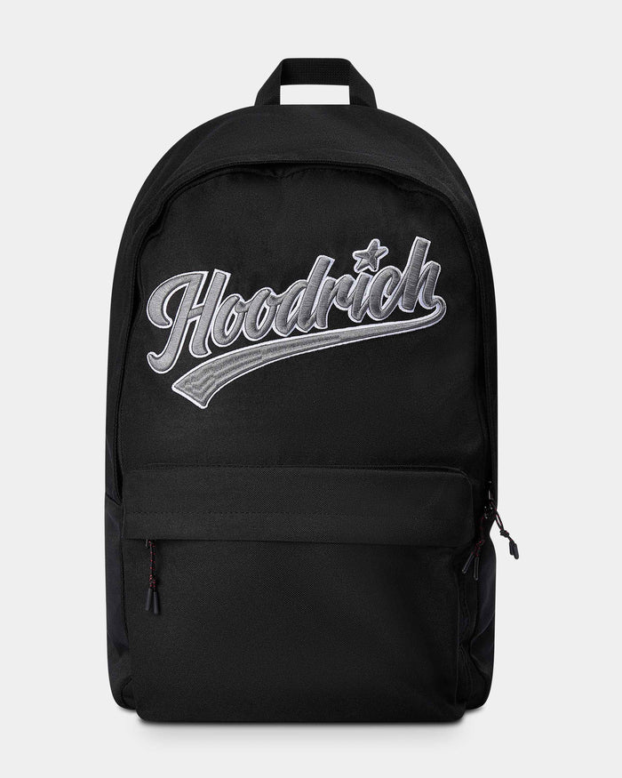 Black backpack with 'Hoodrich' logo on a white background