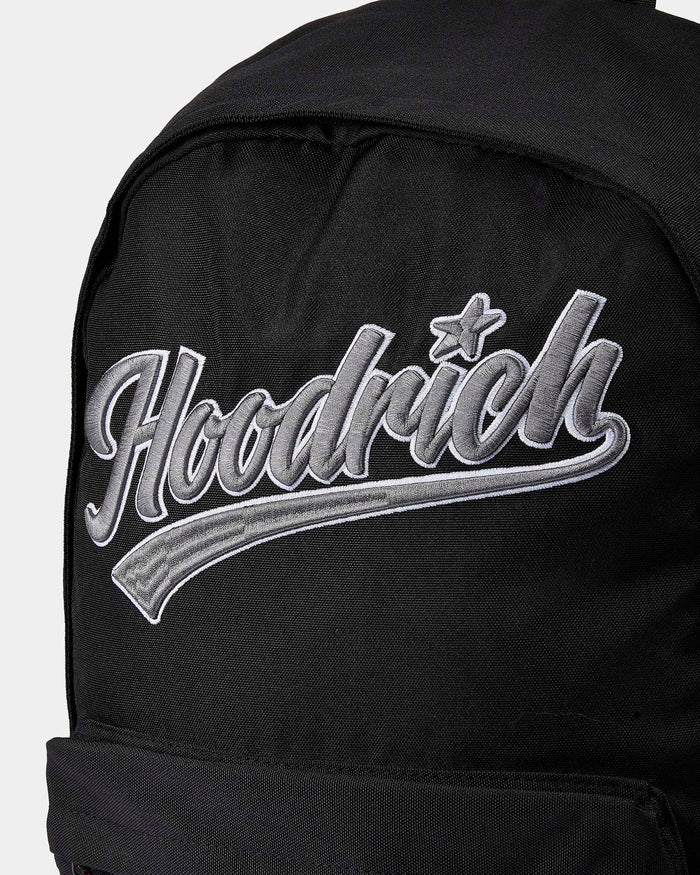 Black backpack with 'Hoodrich' logo on a light gray background