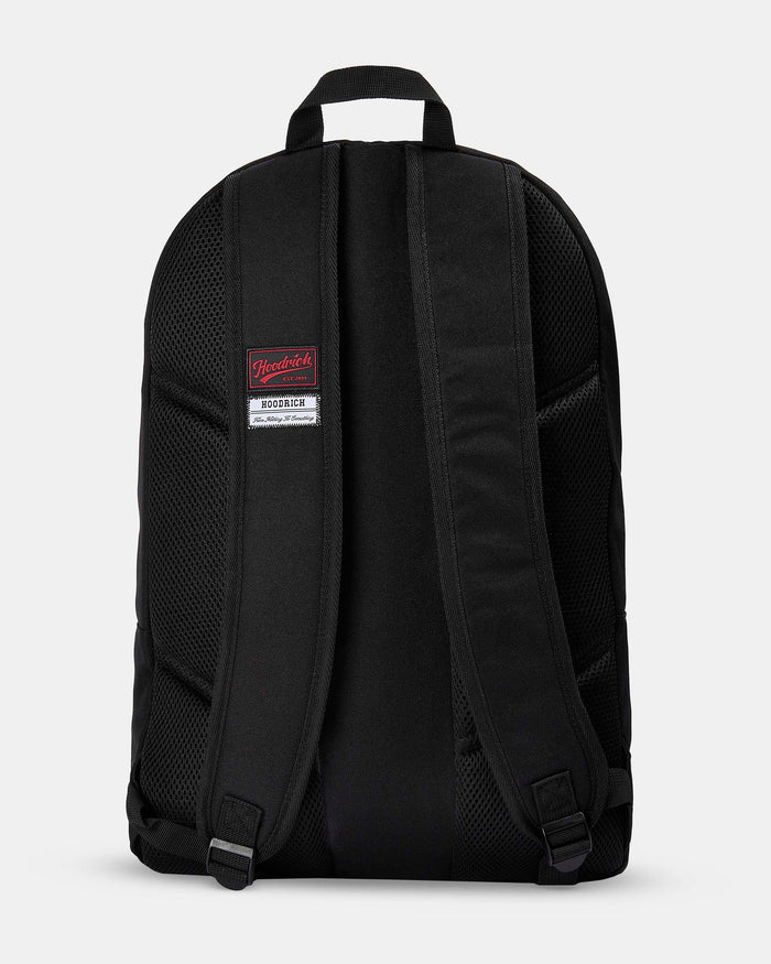 Black backpack with a visible brand label on a light gray background