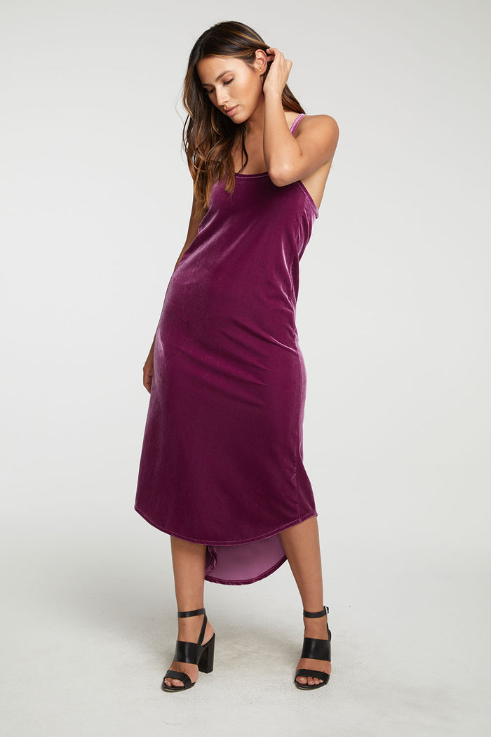 Stretch Velvet V Back Hi Lo Midi Dress WOMENS - chaserbrand
