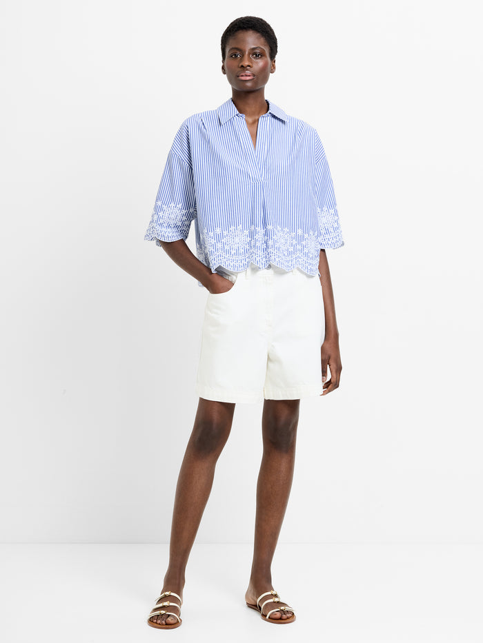 Stripe Embroidered Hem Popover Shirt