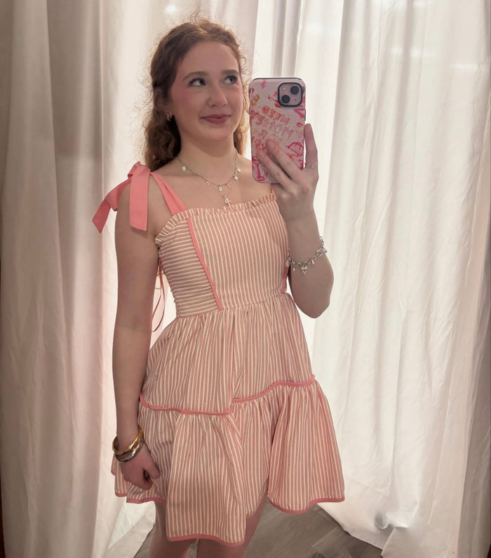 Stripe mini dress with ribbon shoulder strap