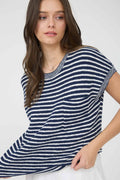 STRIPE POCKET DETAIL SHORT SLEEVE PULLOVER SWEATER: NAVY
