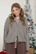 STRIPE RAW EDGE DROP SHOULDER KNIT CARDIGAN DARK BROWN