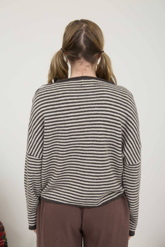 STRIPE RAW EDGE DROP SHOULDER KNIT CARDIGAN DARK BROWN