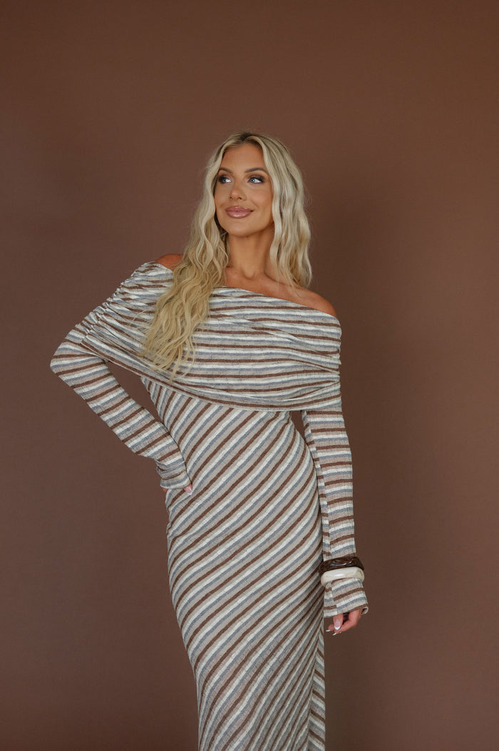 Striped Foldover Maxi Dress-Taupe Combo
