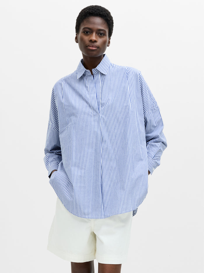 Striped Poplin Long Sleeve Popover Shirt