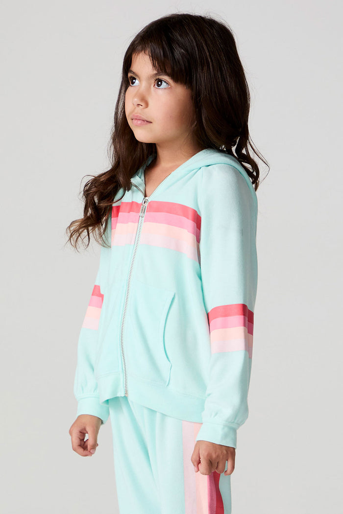 Side view of a girl wearing the Chaser Stripes for Days Hoodie on a neutral background