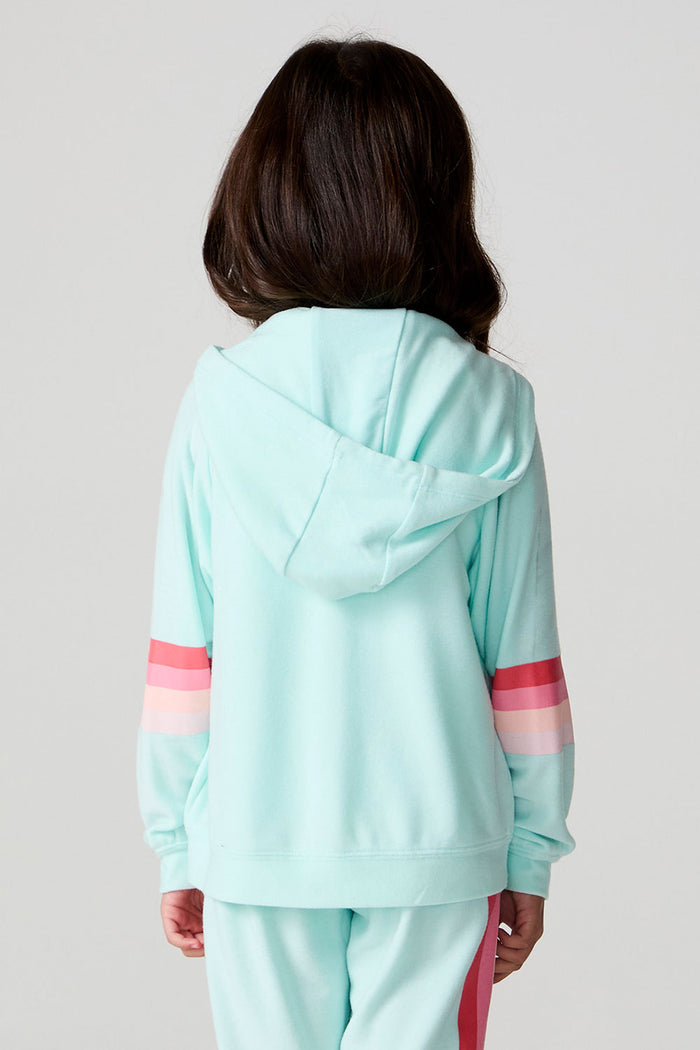 Back view of a girl wearing the Chaser Stripes for Days Hoodie on a neutral background