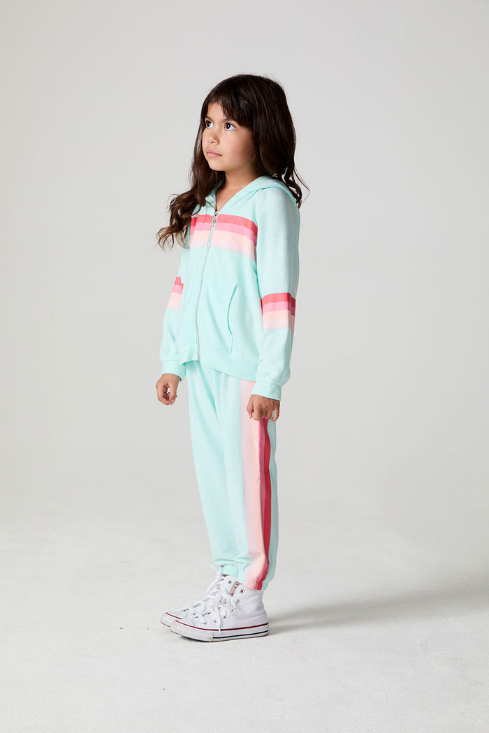 Full body side view of a girl wearing the Chaser Stripes for Days Hoodie on a neutral background