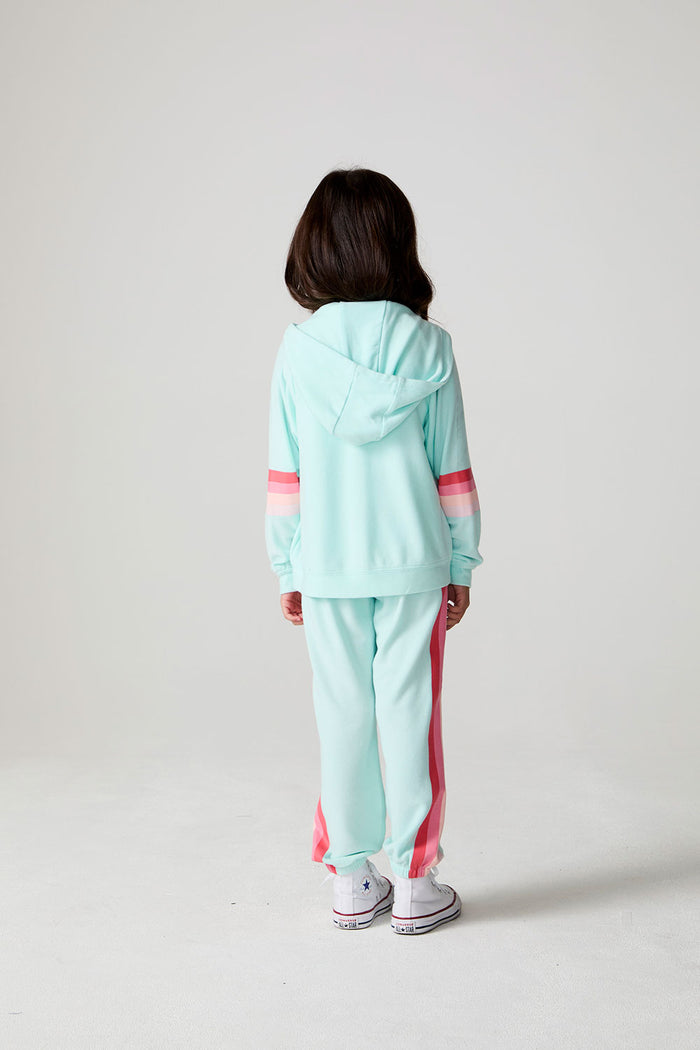 Full body back view of a girl wearing the Chaser Stripes for Days Hoodie on a neutral background