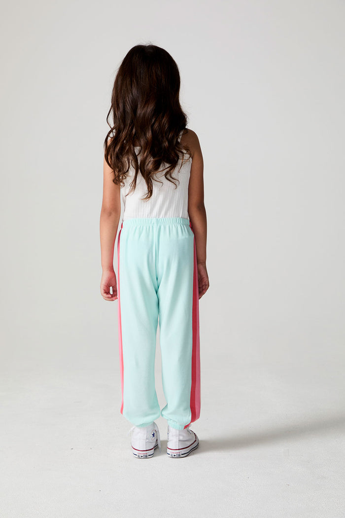 Full body back view of a girl wearing the Chaser   Stripes for Days Pants on a neutral background