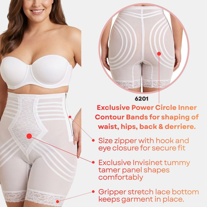 Style 6201 | Breathable High Waist Thigh Slimmer with Side Zipper | No Roll Power Mesh Hourglass Shaper | Firm to Extra Firm Support
