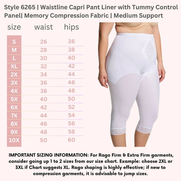 Style 6265 | Waistline Capri Pant Liner with Tummy Control Panel| Memory Compression Fabric | Medium Support