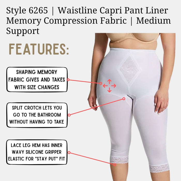 Style 6265 | Waistline Capri Pant Liner with Tummy Control Panel| Memory Compression Fabric | Medium Support