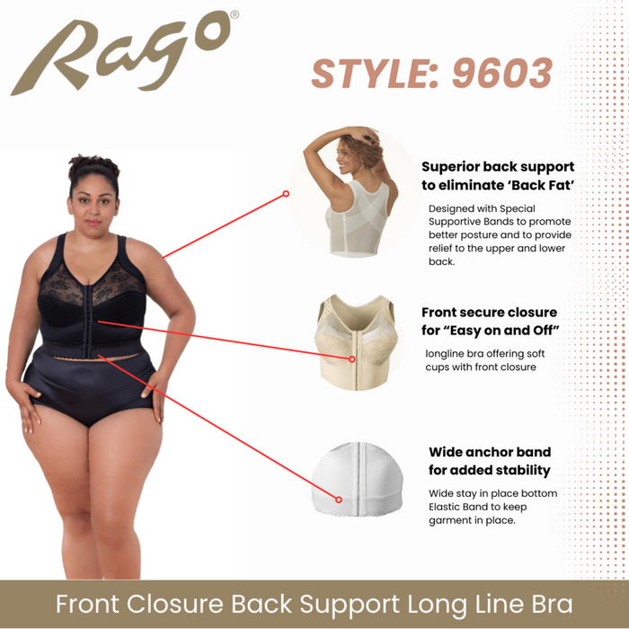 Style 9603 | Front Closure Back Support Long Line Bra - Black
