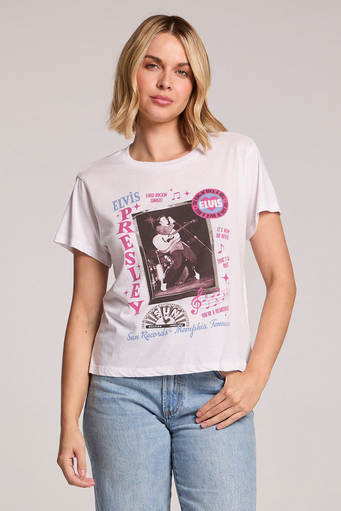 Front view of a woman wearing the Chaser  Sun Records Rock & Roll King Collage Tee and jeans on a neutral background