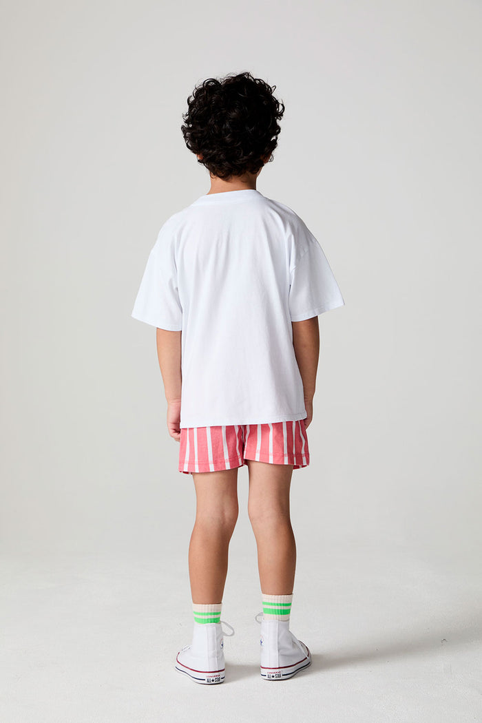 Full body back view of a boy wearing the Chaser Sunglass Pop Tee  on a neutral background