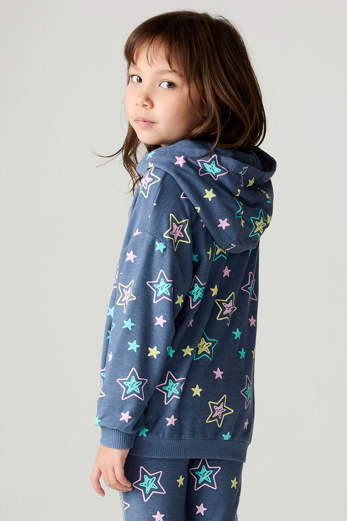 Back view of a girl wearing the Chaser Super Star Girls Zip Up on a neutral background with matching pants