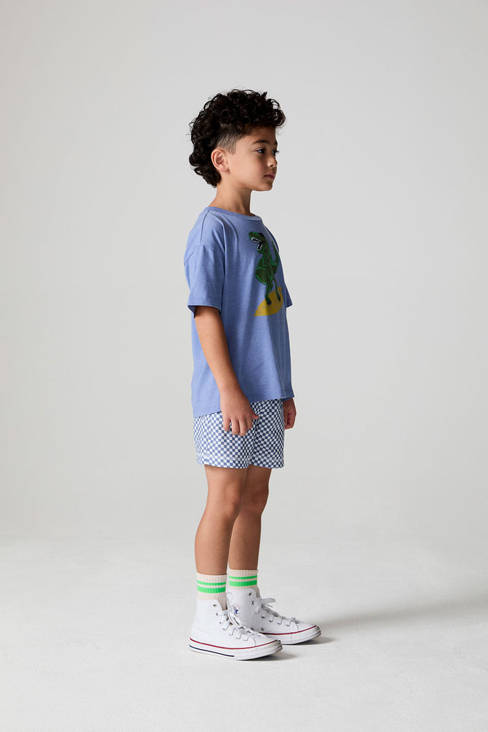 Full body side angle view of a boy wearing the Chaser Surfin T-Rex Tee on a neutral background