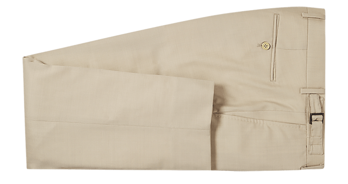 Tan suit trousers, flat lay, folded with pressed crease and belt loops