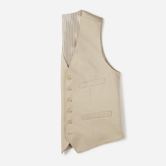 Tan suit vest, flat lay, side view showing striped lining