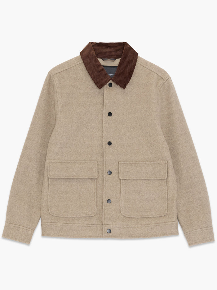 A man wearing a taupe and brown Jacket with long sleeves, a corduroy collar, a front snap button fastening and a regular fit.