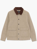 A man wearing a taupe and brown Jacket with long sleeves, a corduroy collar, a front snap button fastening and a regular fit.