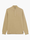 A woman wearing a taupe ottoman texture Sweatshirt with long sleeves, a funnel neckline, a branded half zip and a regular fit.
