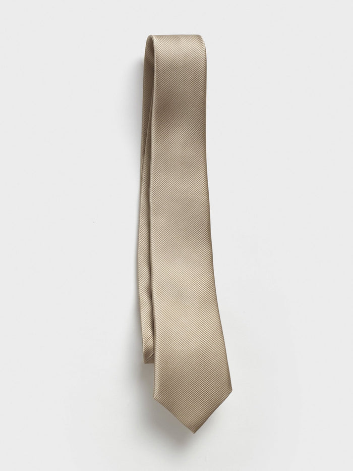 Taupe silk tie, draped, on light grey background