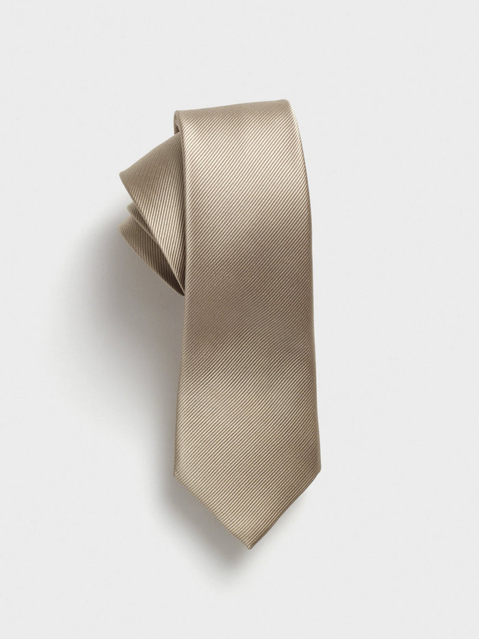 Taupe silk tie, rolled, on light grey background