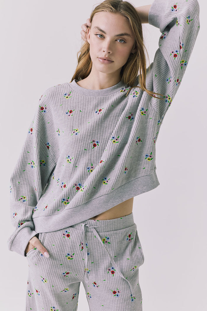 Chaser Terra Heather Grey Ditsy Embroidery Pullover highlighting soft waffle texture and slightly cropped silhouette