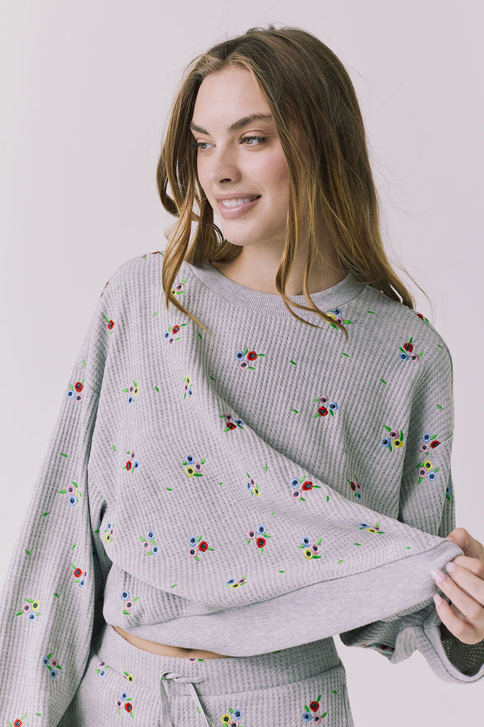 Chaser Terra Heather Grey Ditsy Embroidery Pullover with ribbed hem and easy lounge fit