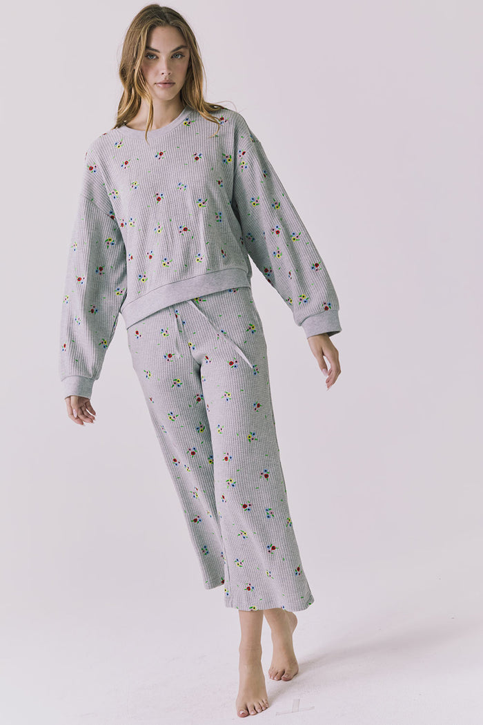 Chaser Terra Heather Grey Ditsy Embroidery Pullover styled with matching Brandy Crop Joggers for a coordinated lounge set look