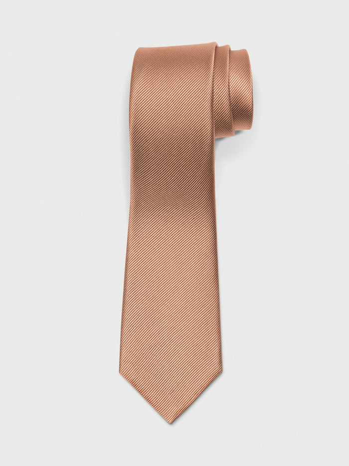 Terracotta silk necktie rolled at the top on a white background