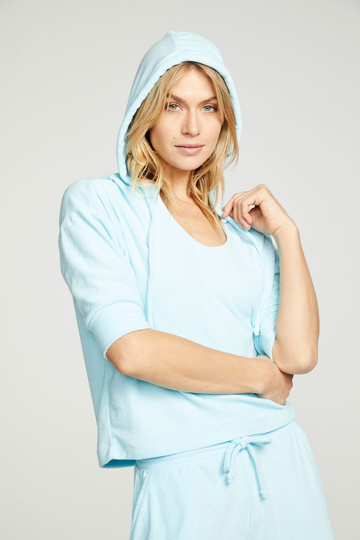 Terry Cloth Cropped 3/4 Sleeve Pullover Hoodie WOMENS - chaserbrand