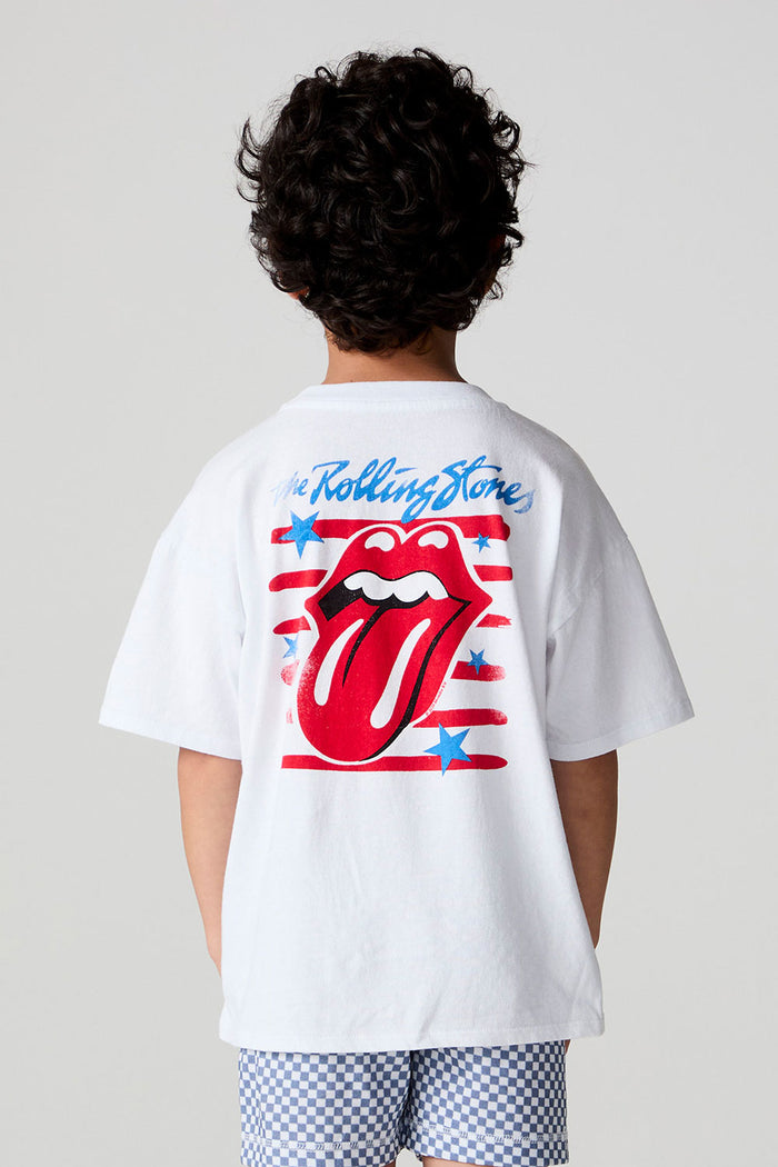 Back view of a boy wearing the Chaser  The Rolling Stones Stars Tee on a neutral background