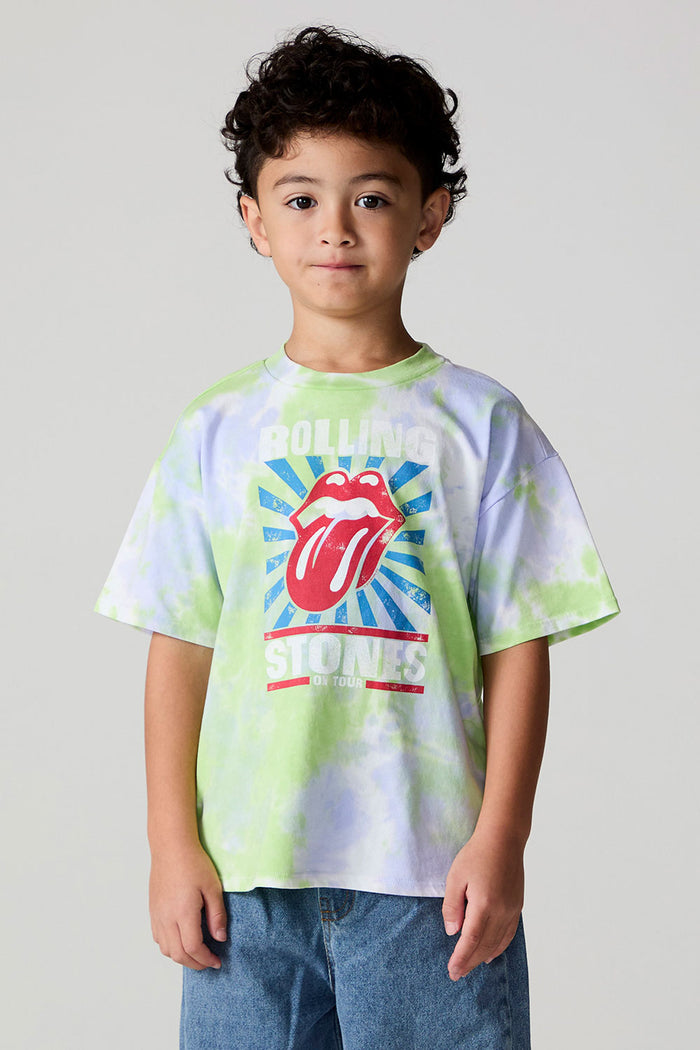 Front view of a boy wearing the Chaser The Rolling Stones Tie Dye Tee on a neutral background