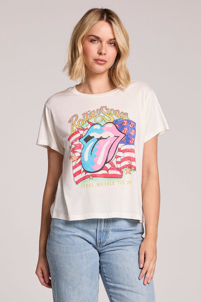 Front view of a woman wearing the Chaser The Rolling Stones USA Tour 89 Tee and jeans  on a neutral background