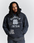 Person wearing a dark hoodie with text and graphics on a white background