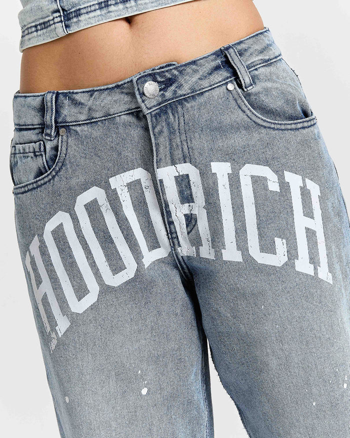 Gray jeans with 'Hoodrich' branding on a white background
