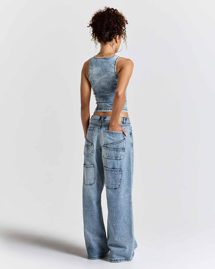 The Winner's Circle Relic Oversized Wide Leg Jeans - Dirty Wash/White